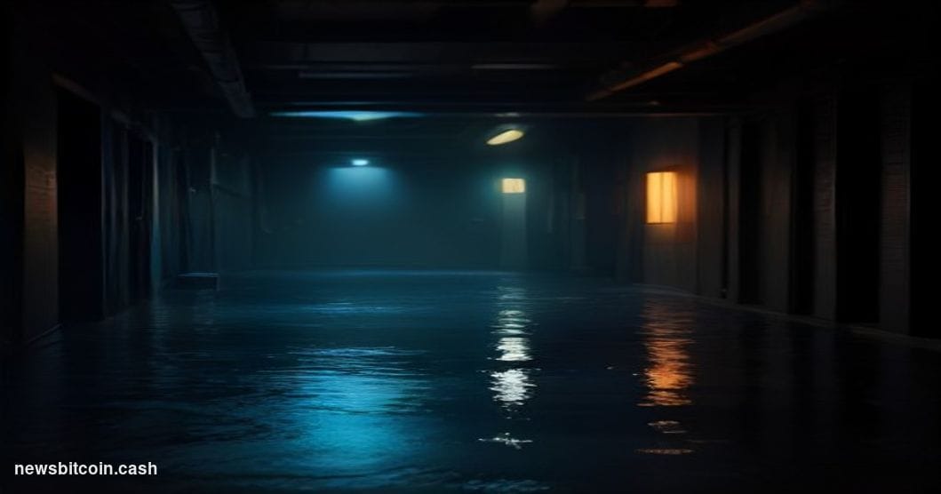 A cinematic photorealistic editorial photograph depicting a cracked and partially submerged digital vault door emerging from 