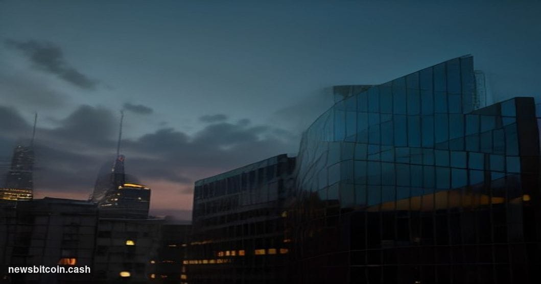 Cinematic photorealistic editorial photograph of a modern European financial district at dusk, with a sleek glass-and-steel c