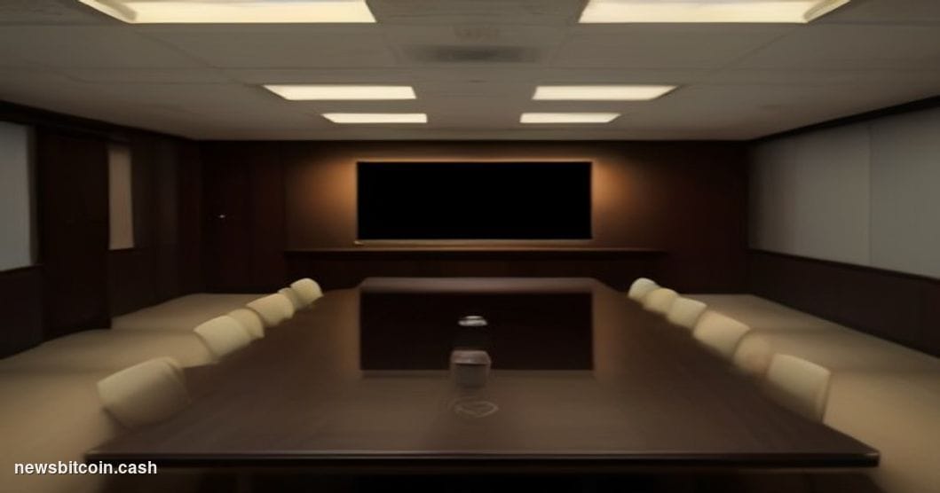 Cinematic photorealistic editorial photograph of a tense corporate boardroom confrontation scene, shot from a low angle looki