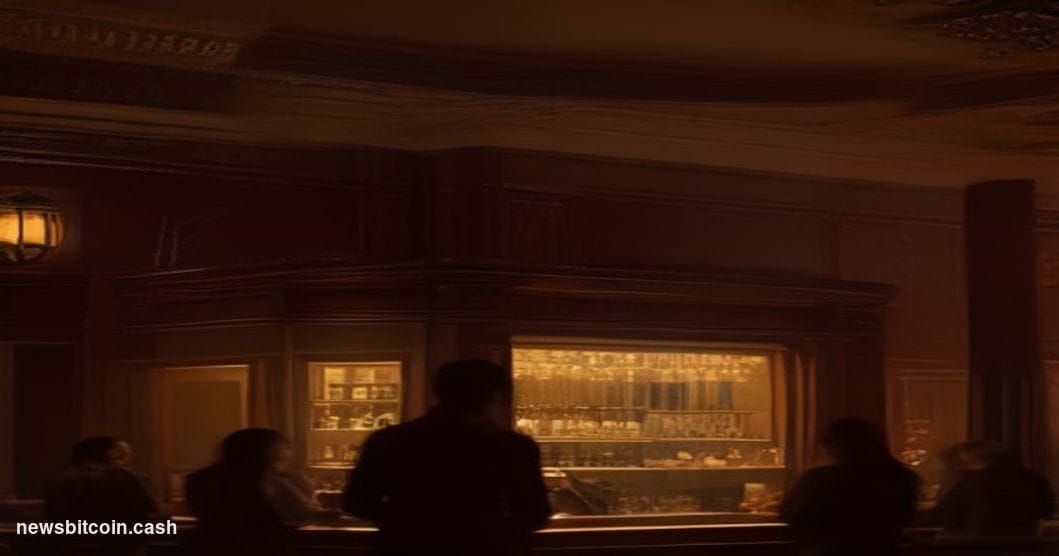 A cinematic photorealistic editorial photograph set inside a grand, dimly lit AMC movie theater lobby — the iconic red AMC si