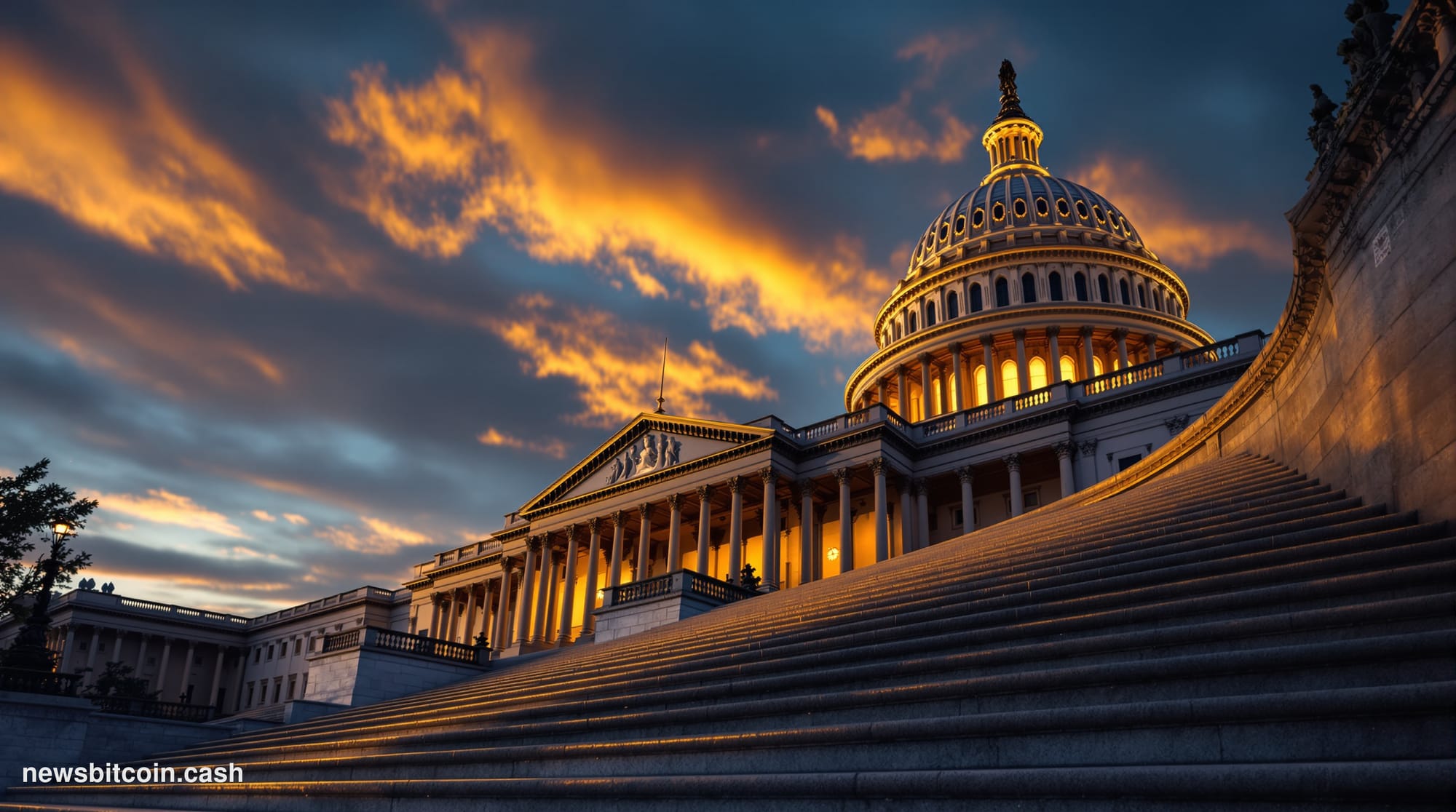 Cinematic photorealistic editorial photograph of the United States Capitol building in Washington D.C. at dusk, shot from a l