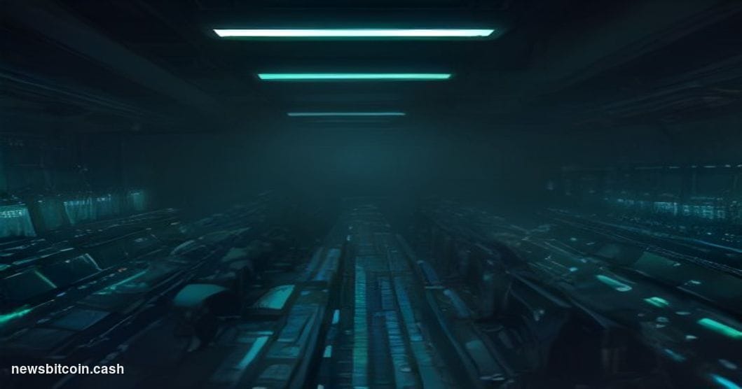 Cinematic photorealistic editorial photograph of a darkened server room bathed in cool blue ambient light, with a single term