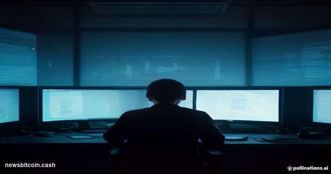 Cinematic photorealistic editorial photograph of a dimly lit government surveillance operations center, with multiple glowing