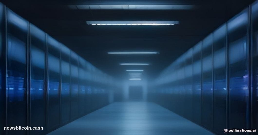 A dramatic cinematic editorial photograph set inside a dimly lit, high-ceilinged data center corridor, rows of glowing GPU se