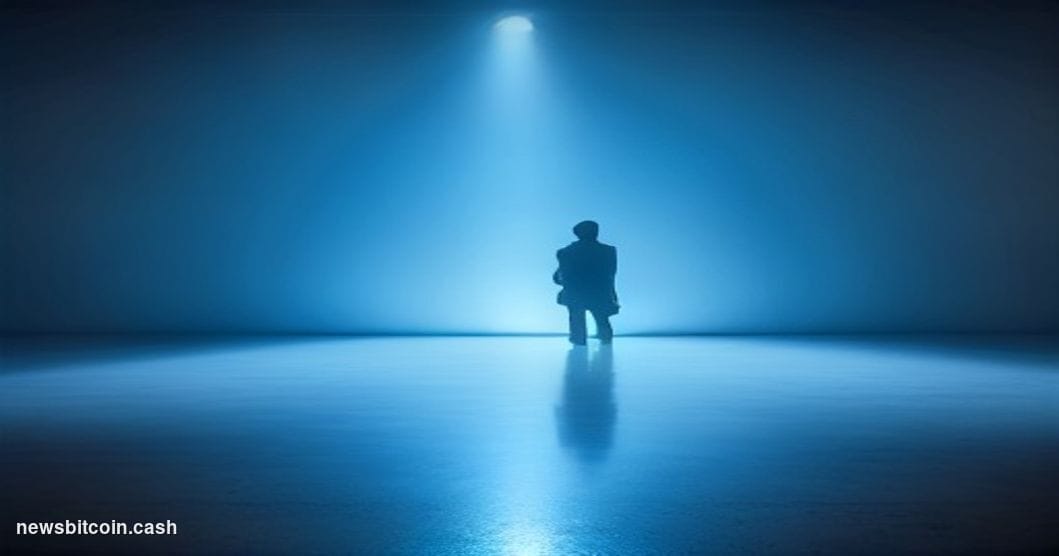 Cinematic photorealistic editorial photograph of a sleek, darkened Apple-style keynote auditorium shot from low angle toward 