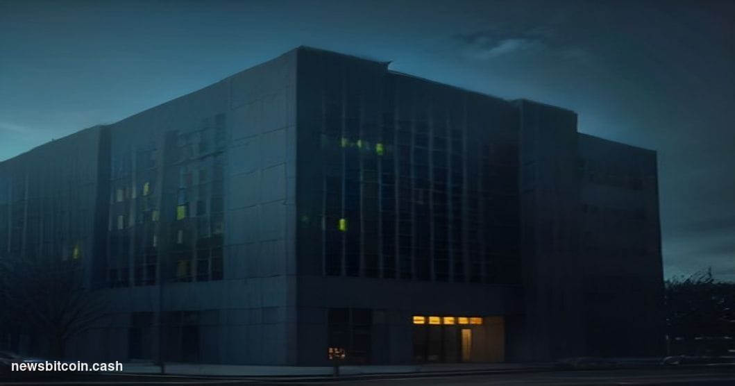 A cinematic photorealistic editorial photograph of the SEC headquarters building in Washington D.C. — the brutalist concrete 