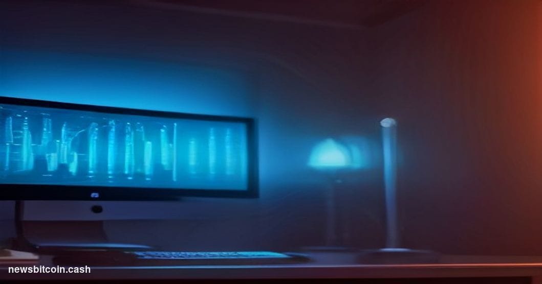 Cinematic photorealistic editorial photograph of a dimly lit trading floor environment, with a large curved monitor array dis