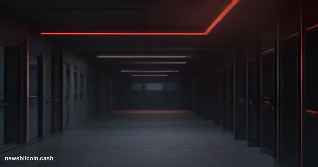 Cinematic photorealistic editorial photograph shot from a low angle looking up at a dark server room corridor, with rows of b