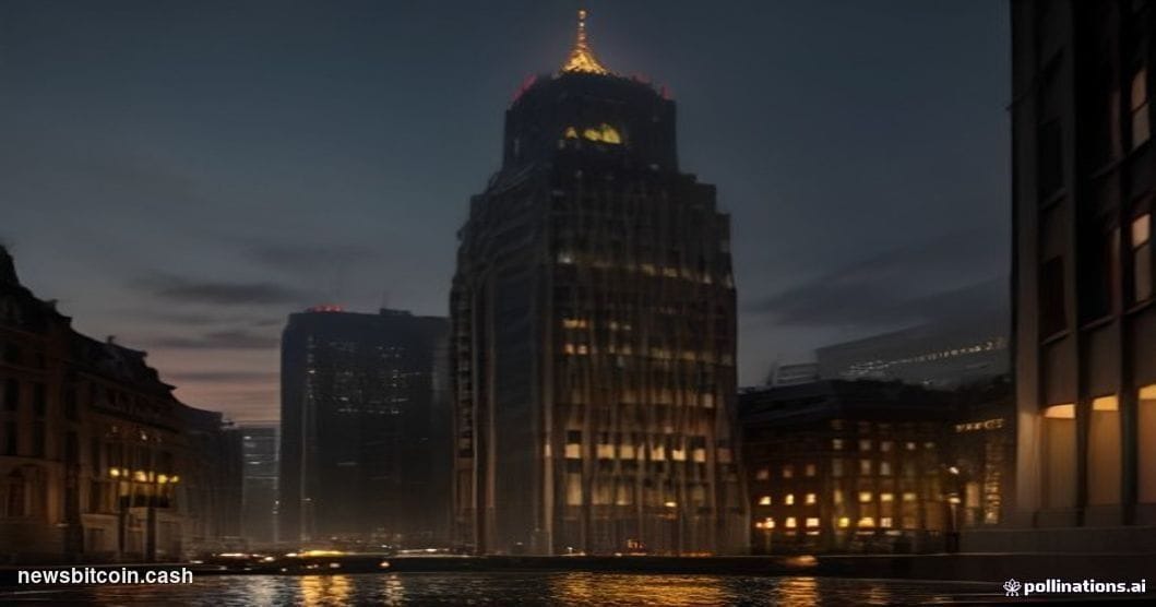 Cinematic photorealistic editorial photograph of Frankfurt's banking district at dusk, dominated by the imposing stone facade