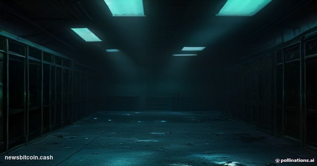 A cinematic photorealistic editorial photograph of a deteriorating server room interior, dramatically lit from a single cold 
