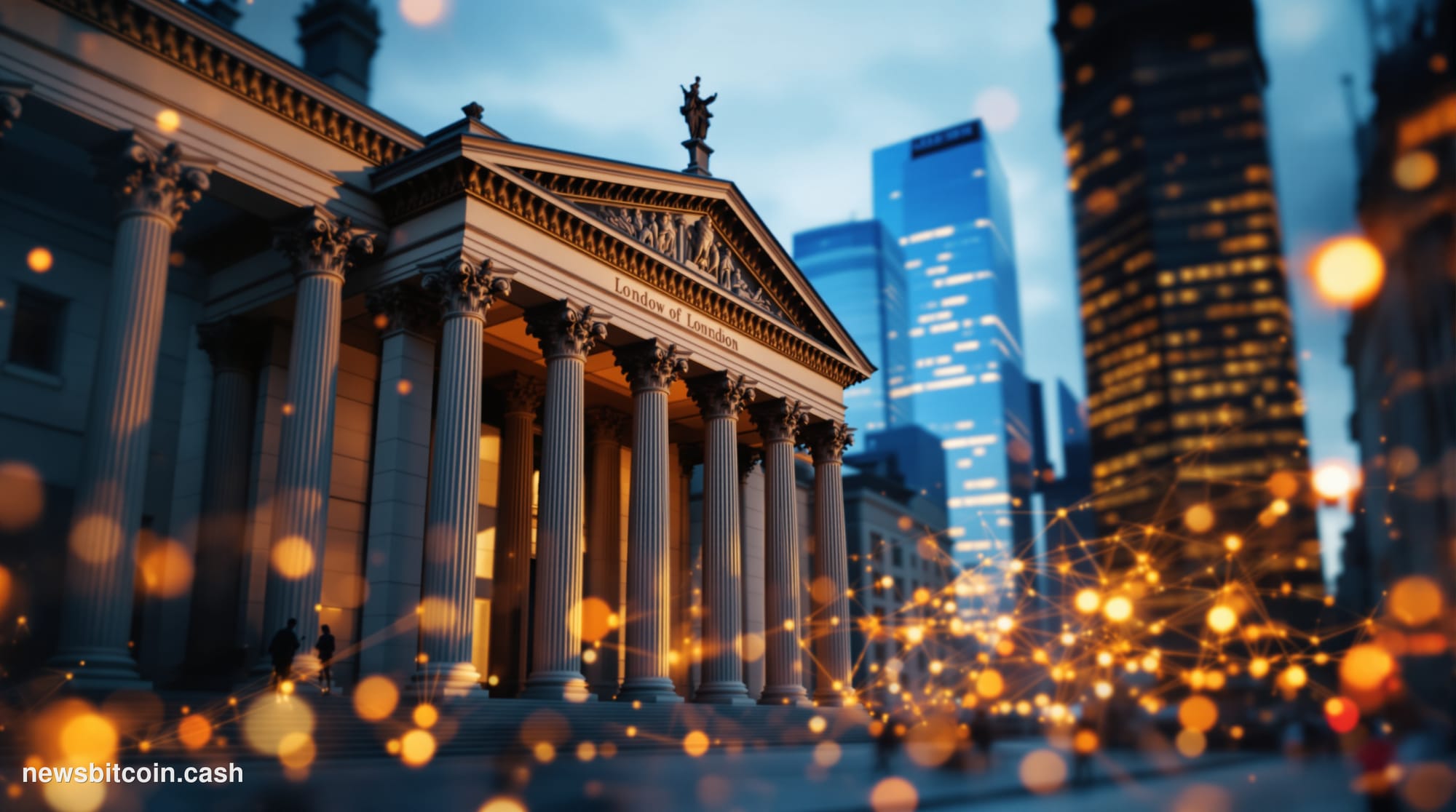 A cinematic photorealistic editorial photograph of the Bank of England's iconic neoclassical Threadneedle Street facade in th