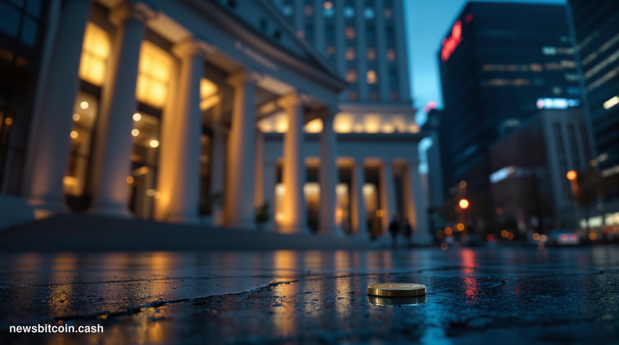 Cinematic photorealistic editorial photograph of the Bank of Japan's iconic neoclassical headquarters building in Tokyo's Nih