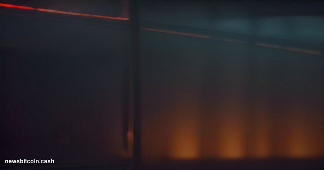 Cinematic photorealistic editorial photograph of a large illuminated Bitcoin price chart displayed on a massive trading floor