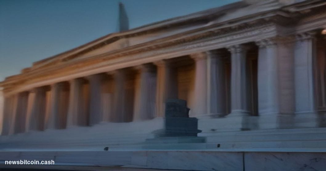 A cinematic photorealistic editorial photograph of the United States Treasury Building in Washington D.C., shot at dusk from 