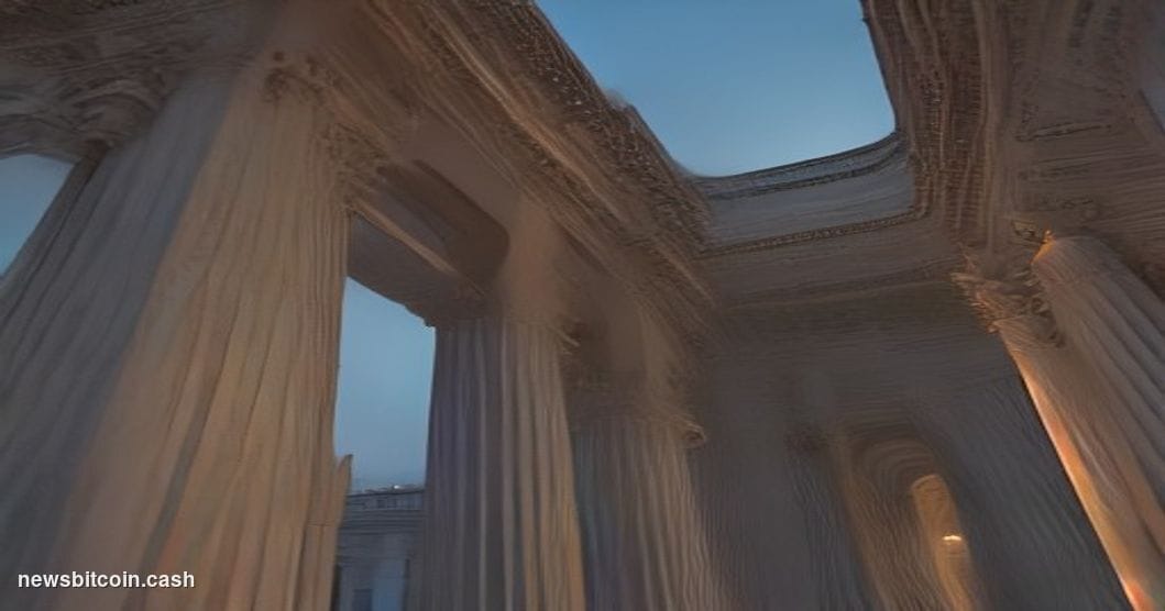 Cinematic photorealistic editorial photograph of the United States Treasury Building in Washington D.C., shot at dusk from a 