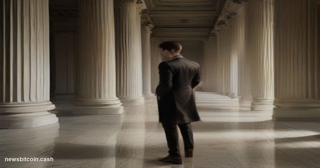 A cinematic photorealistic editorial photograph set inside a grand Federal Reserve-style banking hall, with towering marble c