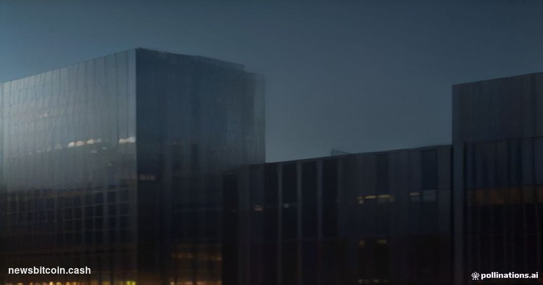 A cinematic photorealistic editorial photograph of the Binance global headquarters exterior at dusk, dramatic side-lighting c