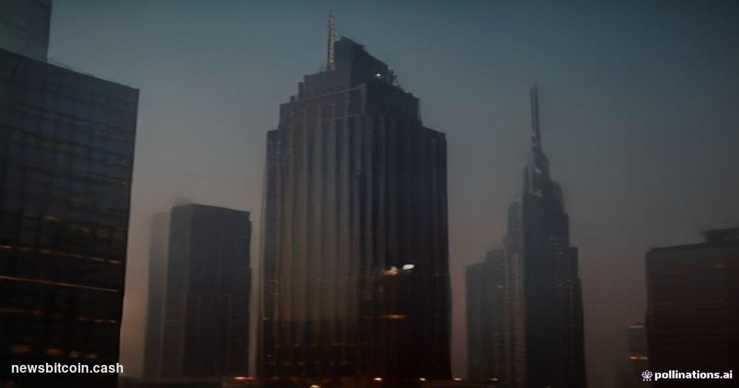 A cinematic photorealistic editorial photograph of the Binance headquarters exterior in Dubai, shot from a low angle at dusk 