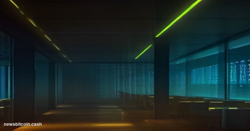 Cinematic photorealistic editorial photograph of a Binance-branded trading floor environment viewed through floor-to-ceiling 