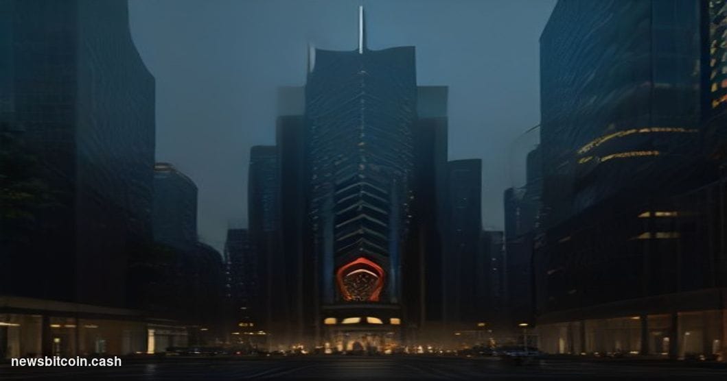 Cinematic photorealistic editorial photograph of the Binance headquarters exterior in Dubai's financial district, shot at dus