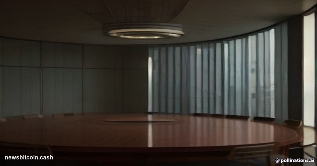 A dramatic cinematic editorial photograph set inside a grand, dimly lit central banking conference room resembling the Bank f