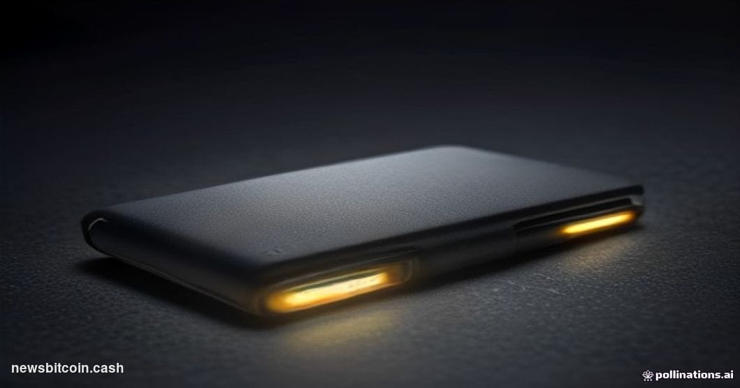A cinematic photorealistic editorial photograph of a sleek BitBox hardware wallet device resting on a dark brushed-metal surf
