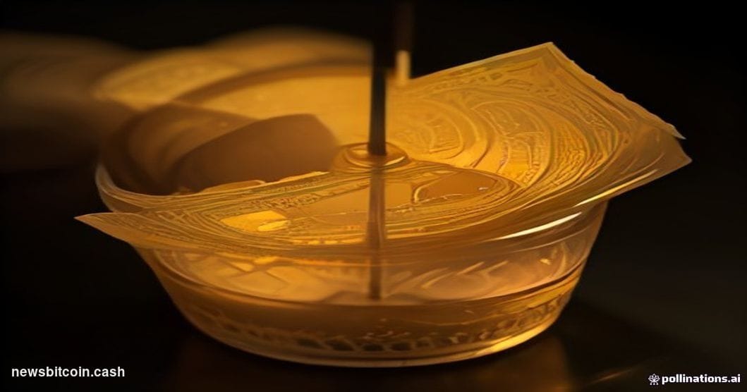 A cinematic photorealistic editorial photograph of a dramatic close-up of a physical gold Bitcoin coin balanced on the edge o