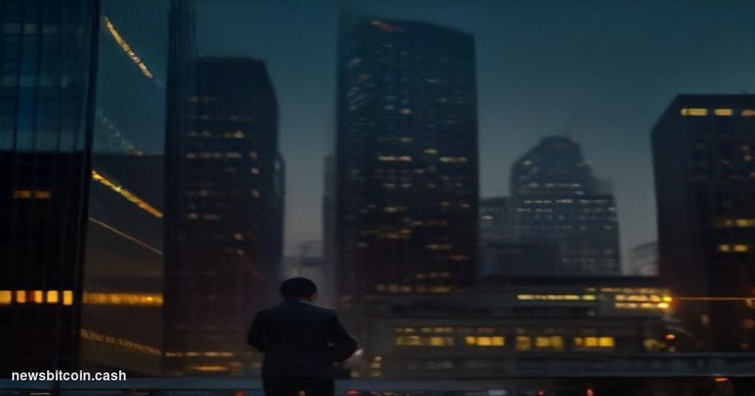 Cinematic photorealistic editorial photograph of a Wall Street financial district scene at dusk, with a massive illuminated t