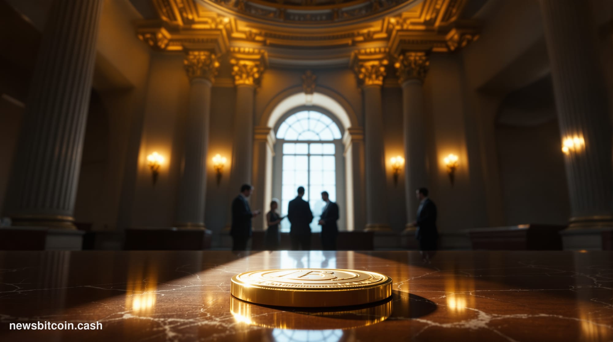A cinematic photorealistic editorial photograph set in the dramatic marble-and-glass interior of the Federal Reserve's Washin