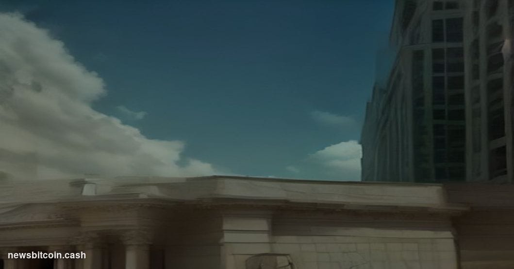 A cinematic photorealistic editorial photograph shot from a low angle looking up at the Marriner S. Eccles Federal Reserve Bu