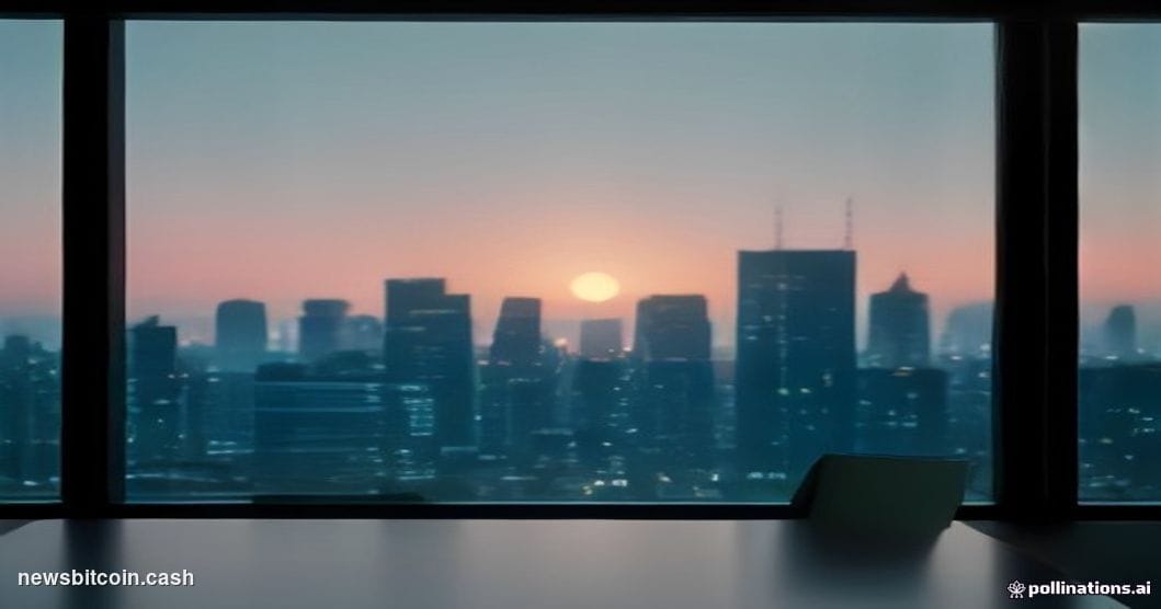 A cinematic photorealistic editorial photograph of a sleek, minimalist financial office interior with floor-to-ceiling glass 
