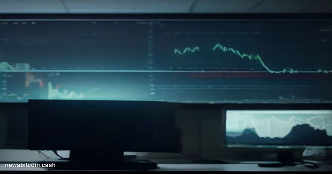 Cinematic photorealistic editorial photograph of a large financial trading monitor array mounted in a dimly lit professional 