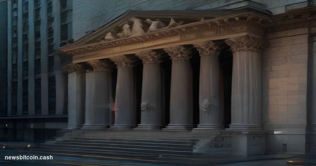 A cinematic photorealistic editorial photograph of the New York Stock Exchange building on Wall Street at dusk, with warm amb