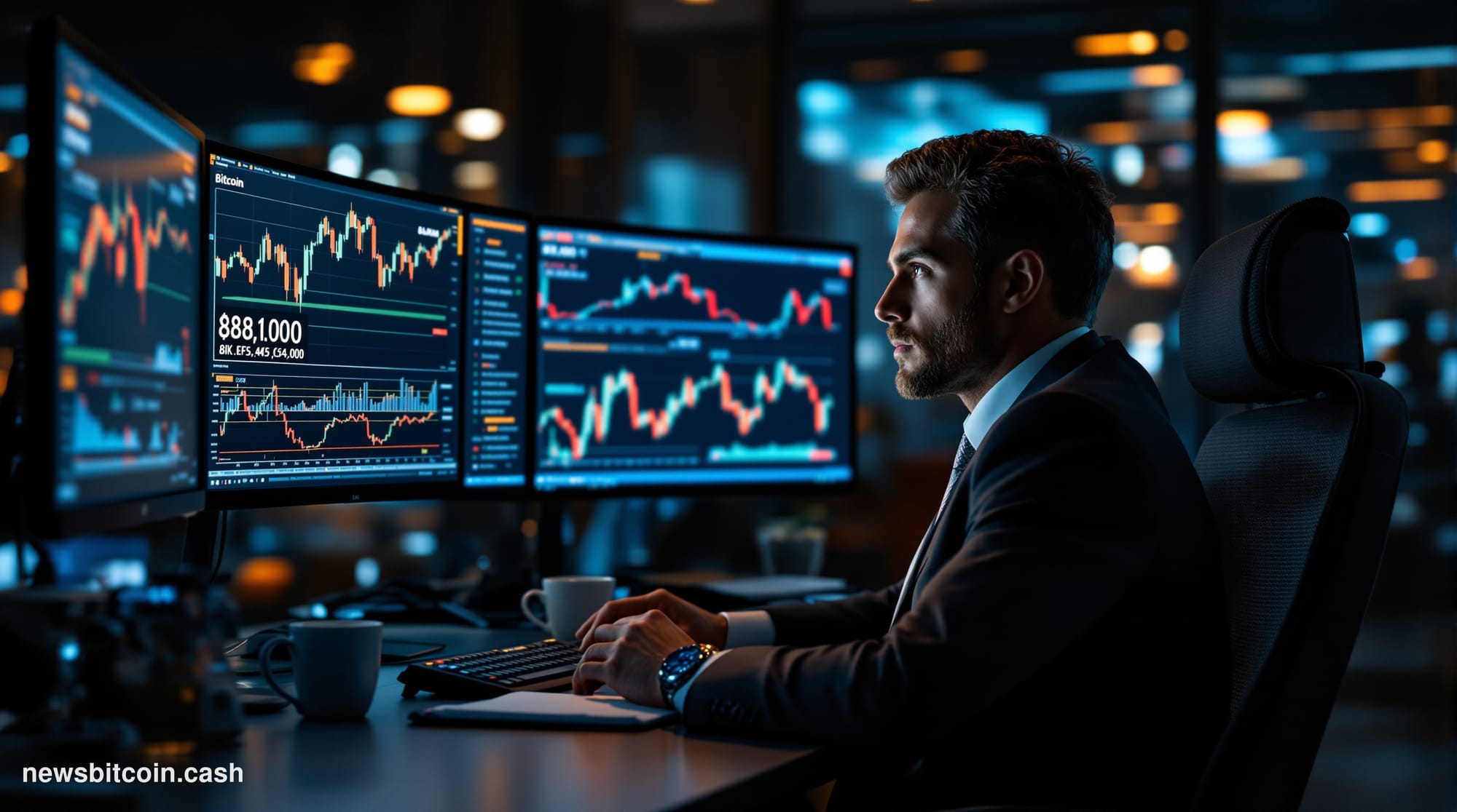 Cinematic photorealistic editorial photograph of a large financial trading floor at dawn, dramatic golden light cutting throu