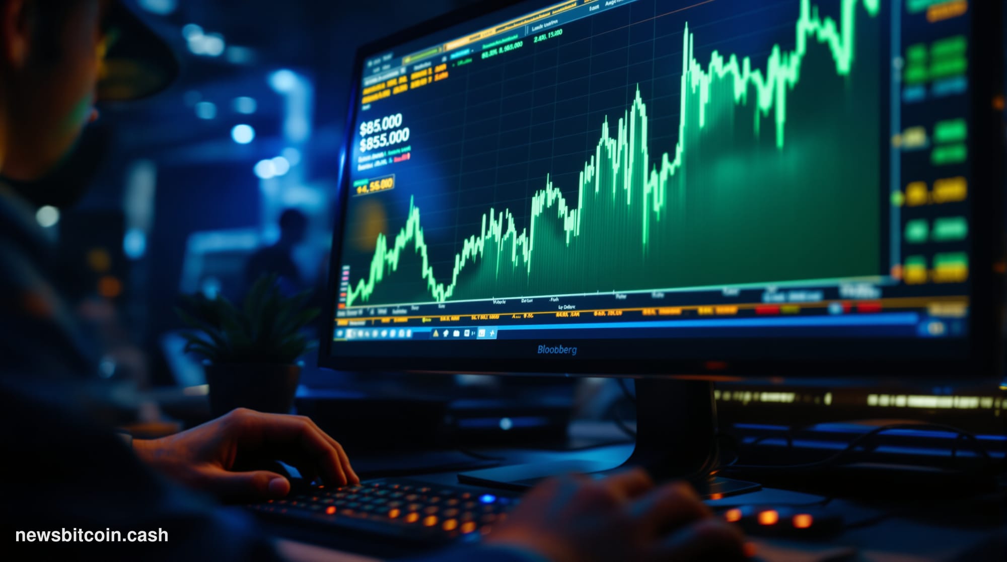 Cinematic photorealistic editorial photograph of a Bloomberg terminal screen in a dimly lit trading floor environment, displa