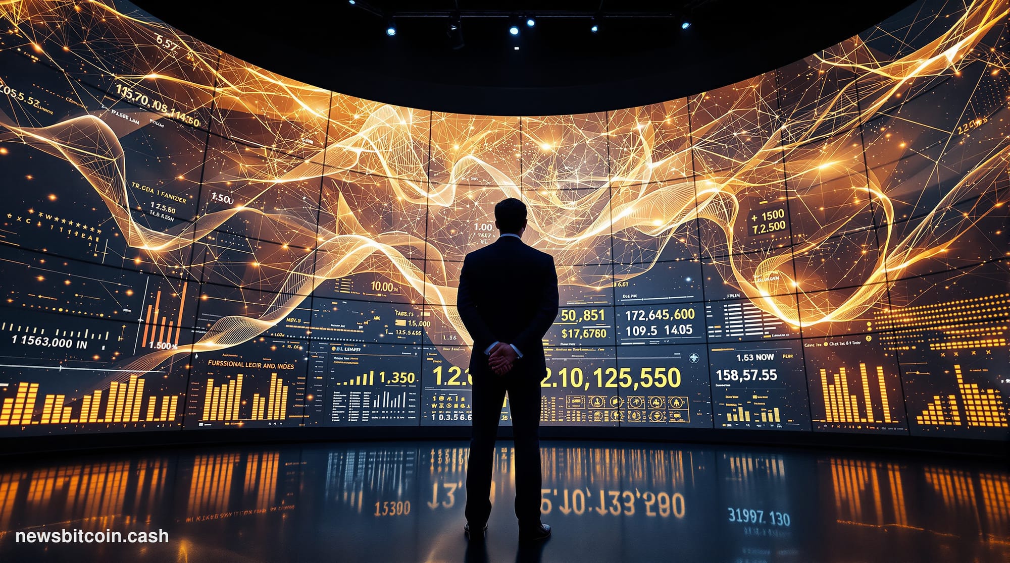 Cinematic photorealistic editorial photograph of a dimly lit financial operations center, shot from a low angle looking up at