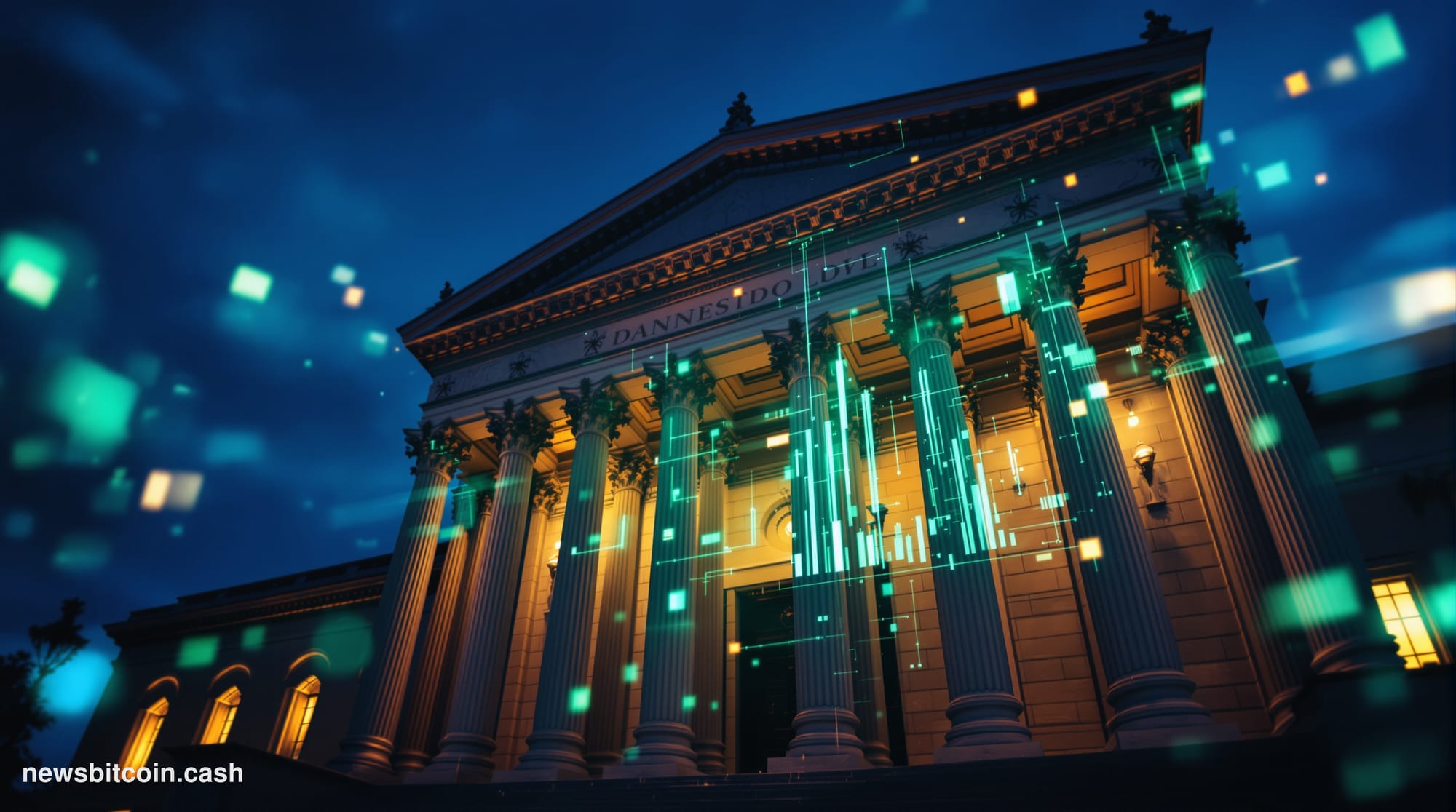 Cinematic photorealistic editorial photograph of the Federal Reserve's Eccles Building in Washington D.C. shot from a low ang