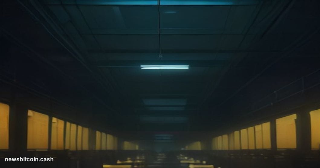 Cinematic photorealistic editorial photograph of a large financial trading floor at dusk, shot from a low angle looking up at