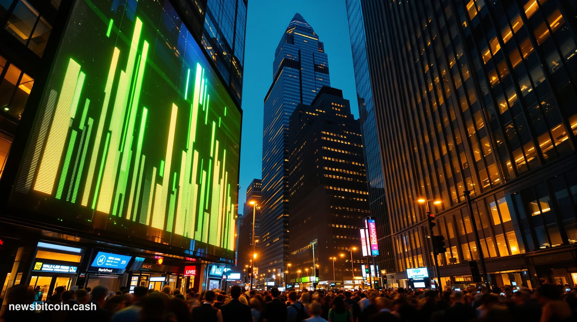 Cinematic photorealistic editorial photograph of a Wall Street financial district scene at dusk, with warm amber light cuttin