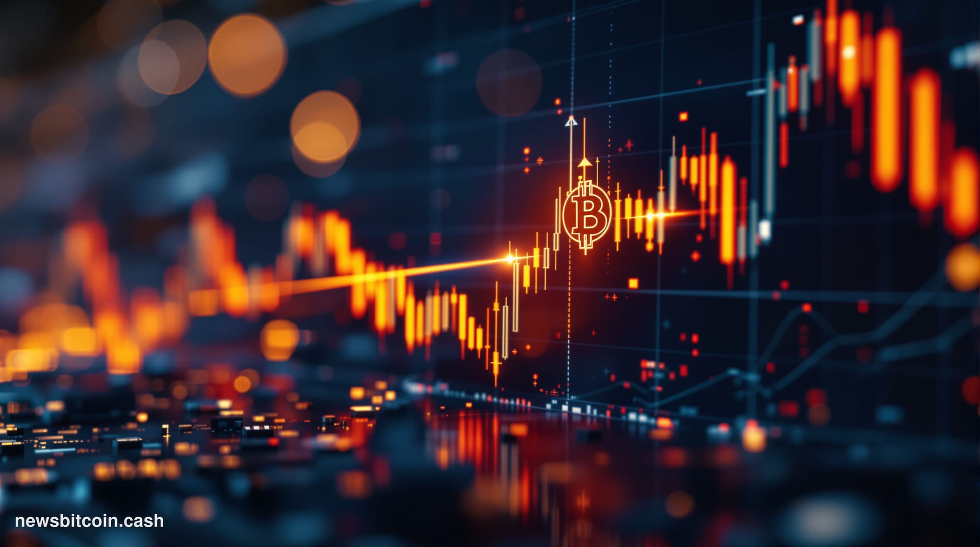 A cinematic photorealistic editorial photograph of a large financial trading screen mounted on a dark wall, displaying an upw