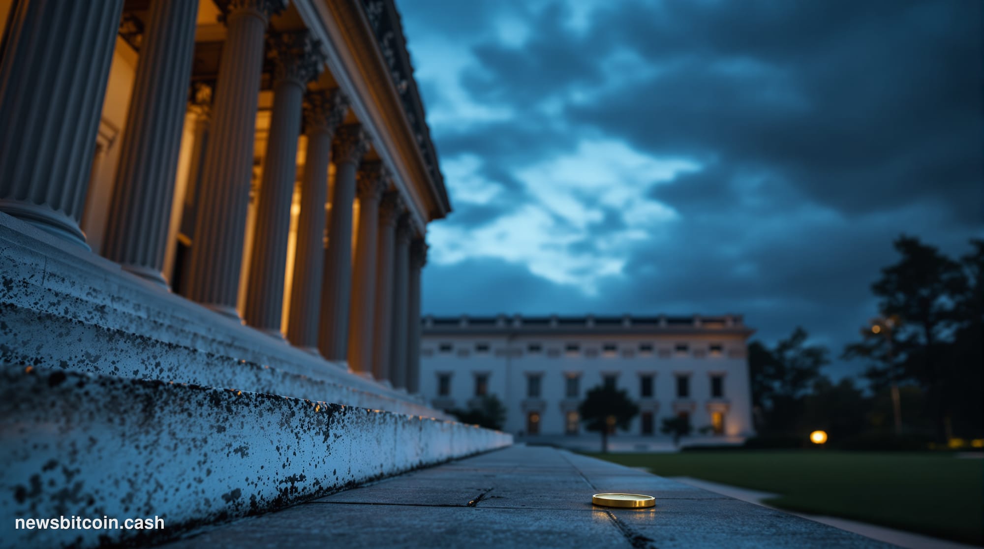 Cinematic photorealistic editorial photograph of the Federal Reserve Building in Washington D.C. shot at dusk from a low angl