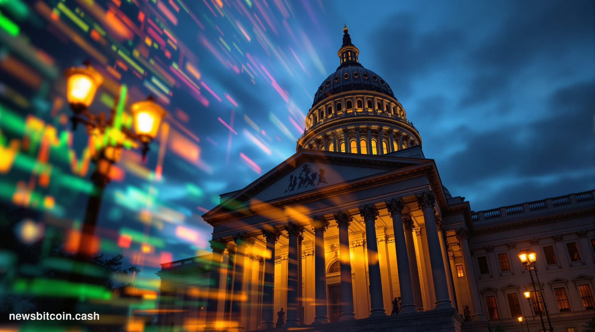 Cinematic photorealistic editorial photograph of the Federal Reserve building in Washington D.C. shot from a low angle at dus