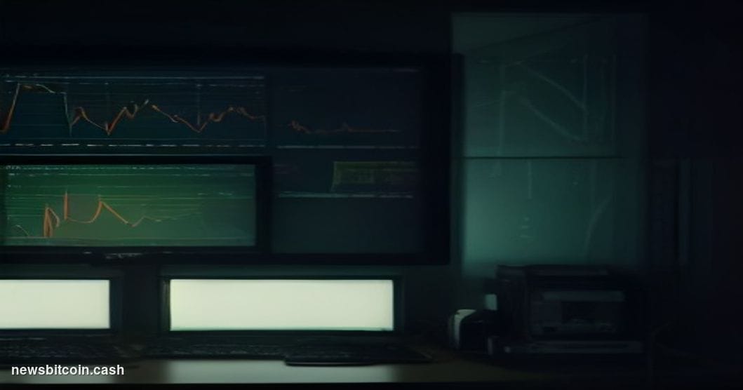 Cinematic photorealistic editorial photograph of a large Bloomberg terminal monitor array in a dimly lit trading desk environ
