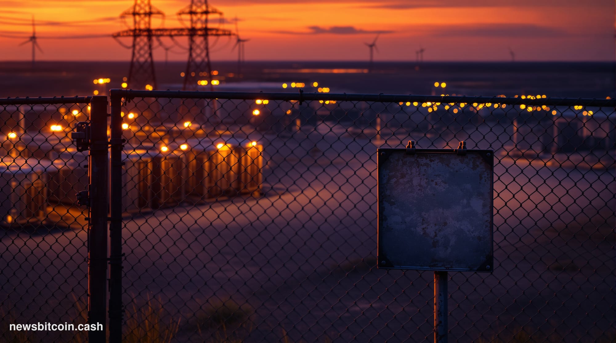 Cinematic photorealistic editorial photograph of a large-scale Bitcoin mining facility at dusk in a rural American setting, w