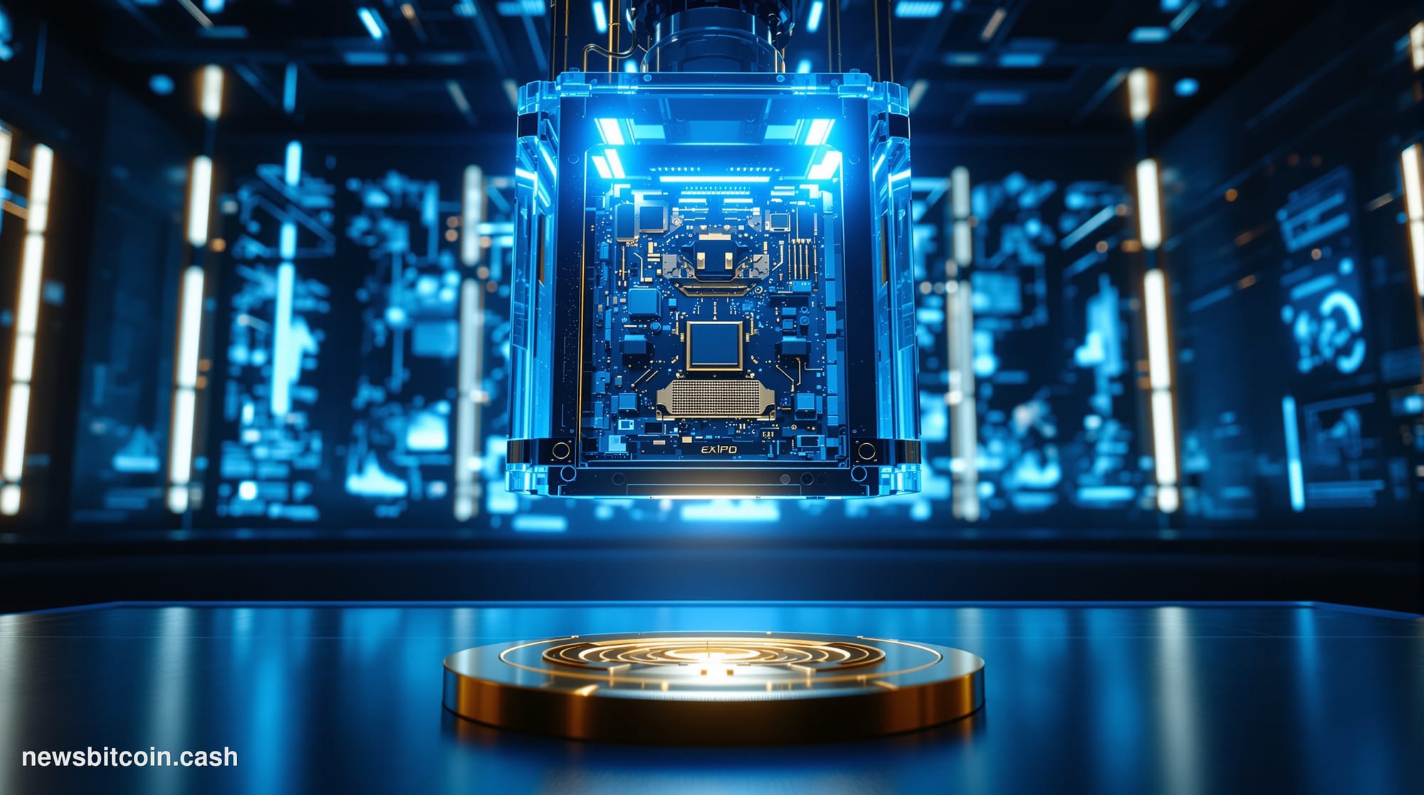 A cinematic photorealistic editorial photograph set in a quantum computing research laboratory at night, with dramatic cool-b