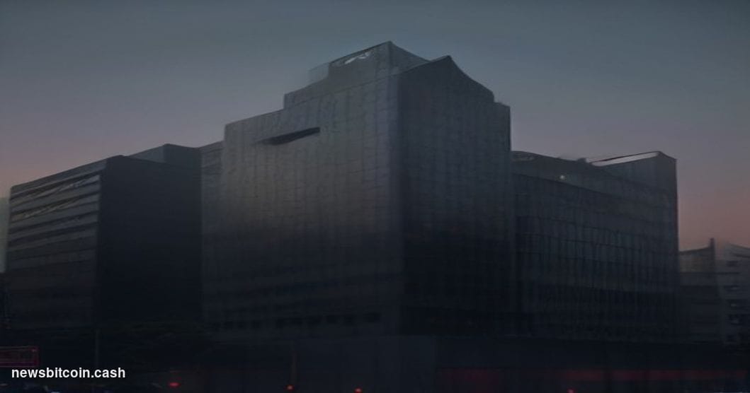 Cinematic photorealistic editorial photograph of the Bank of Japan's striking modernist Tokyo headquarters building at dusk, 