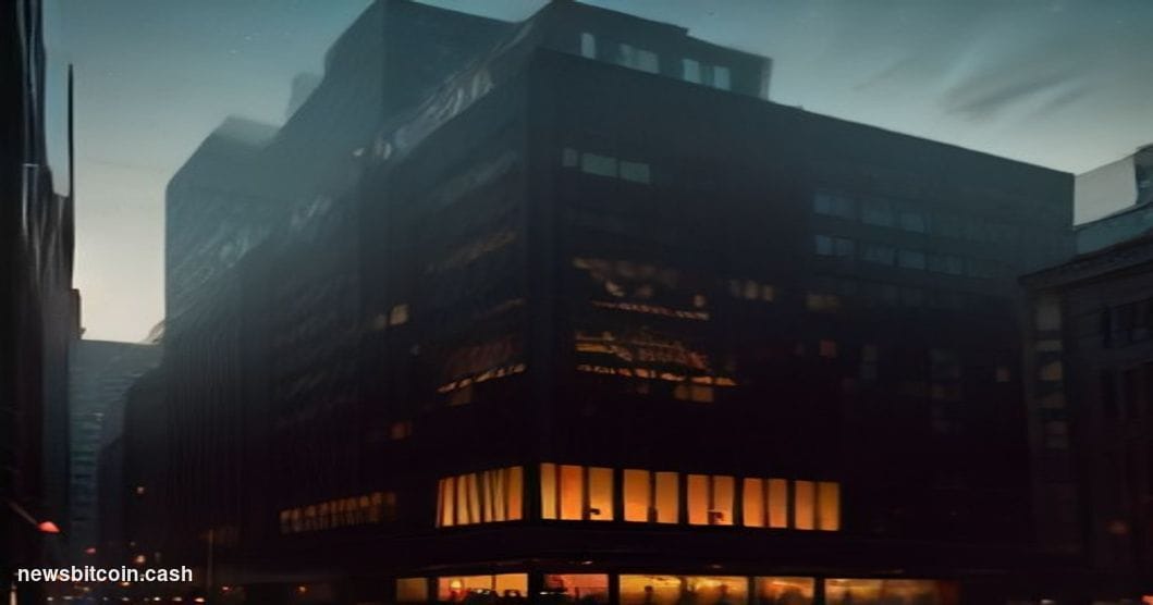 A cinematic photorealistic editorial photograph of a large digital trading screen mounted on a dark Wall Street-adjacent buil