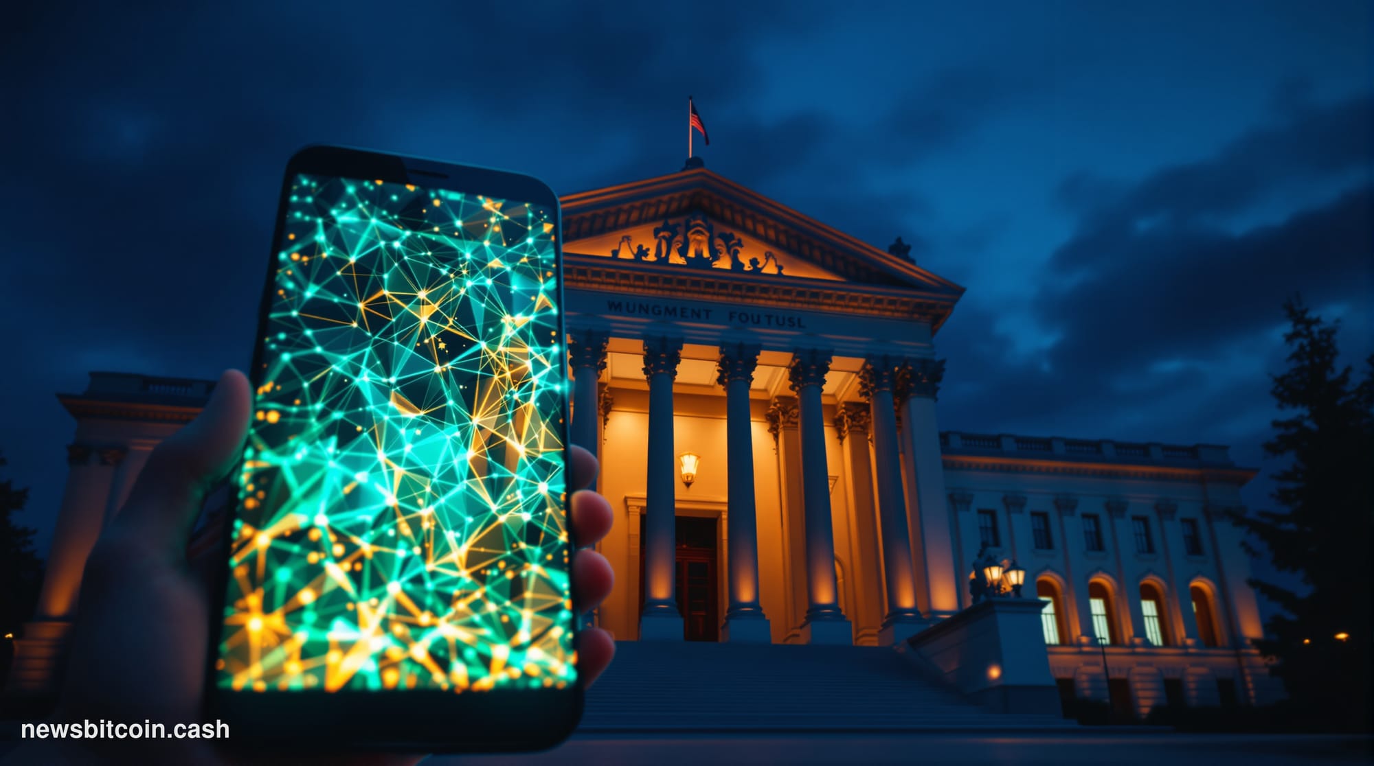 Cinematic photorealistic editorial photograph of the Federal Reserve's Eccles Building in Washington D.C. at dusk, shot from 