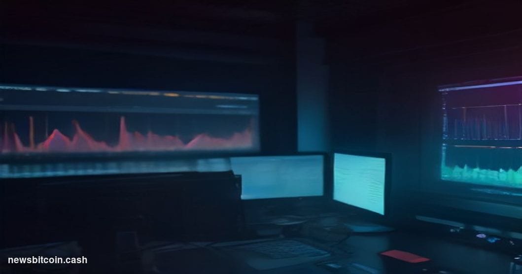 Cinematic photorealistic editorial photograph of a Bloomberg-style trading terminal in a dimly lit financial operations room,