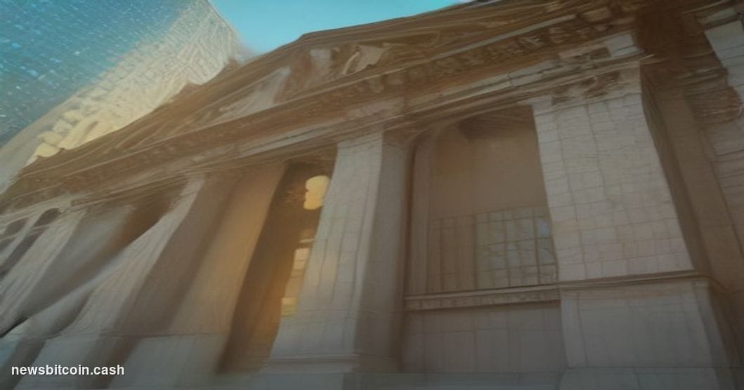 Cinematic photorealistic editorial photograph of the New York Stock Exchange building on Wall Street at dawn, dramatic low-an